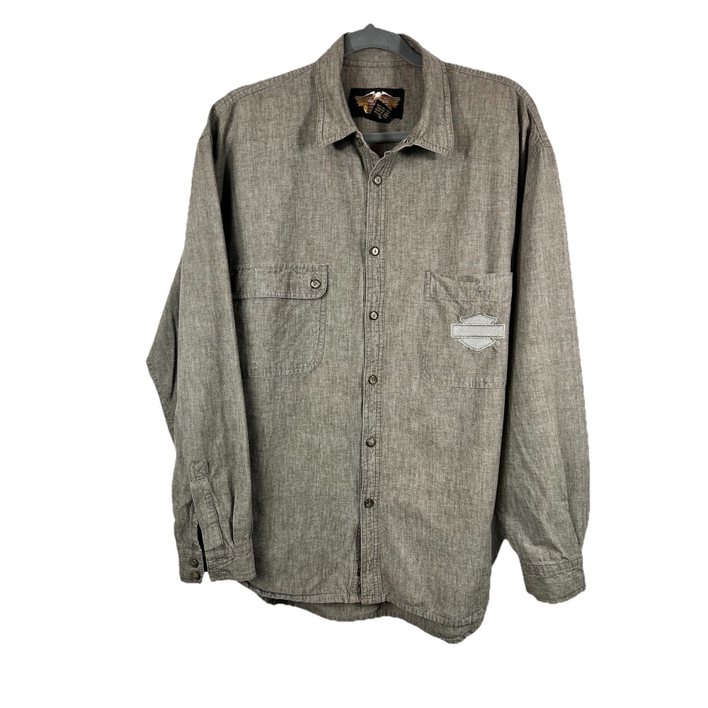 Vtg Harley Davidson Gray Work Shirt XL Cotton Gorpcore Dark Academia Utility 90s